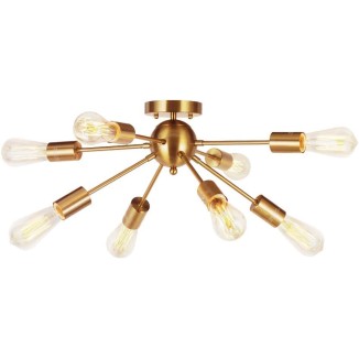 8-Light Sputnik Chandelier Brushed Brass Semi Flush Mount Ceiling Light Modern Pendant Light For Kitchen Bathroom Dining Room Bed Room Hallway