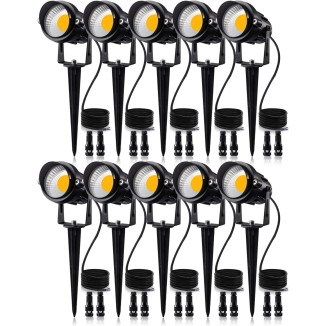 12W Low Voltage LED Landscape Lights with Connectors, Outdoor 12V Super Warm White (900LM) Waterproof Garden Pathway Lights Wall Tree Flag Spotlights with Spike Stand (10 Pack with Connector)