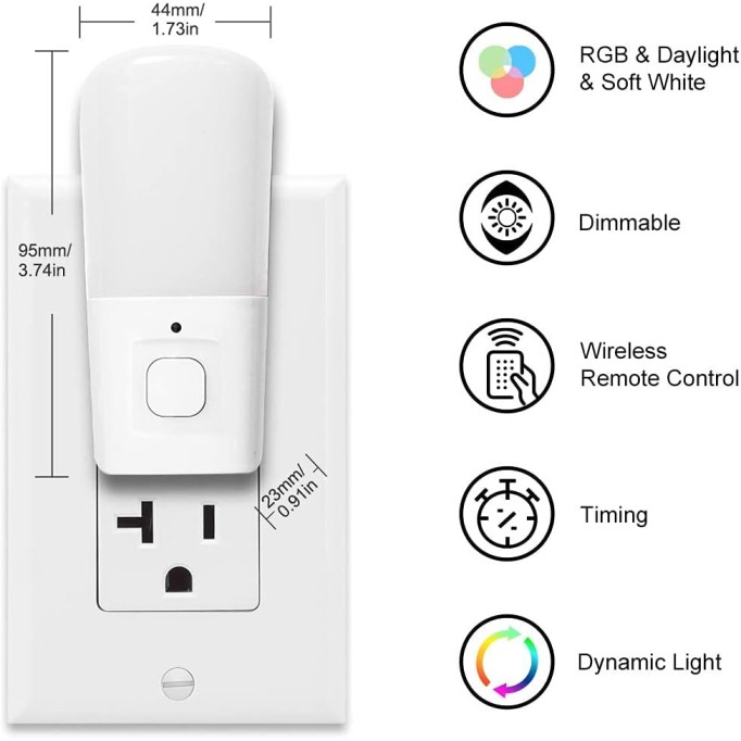 Kids LED Night Lights Plug in, RGB Color Changing Plug into Wall Lights Remote, Rainbow Dimmable Girls Night Light Switch