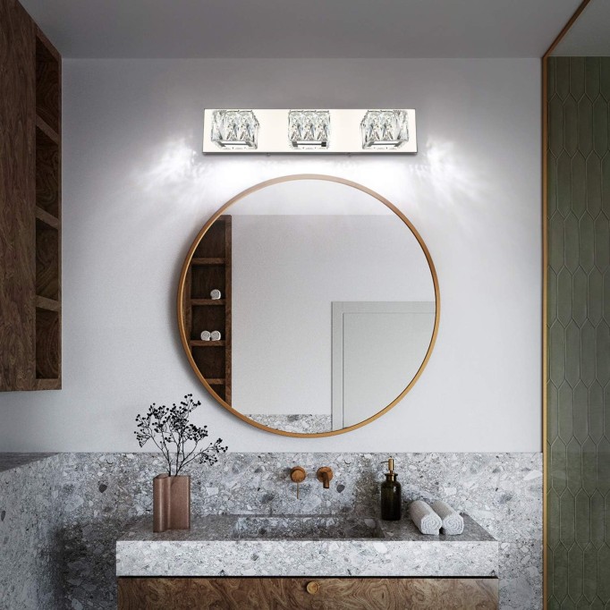 Crystal Bathroom Light Fixtures 3 Lights Chrome Modern LED Dimmable Vanity Lights Over Mirror for Bathroom