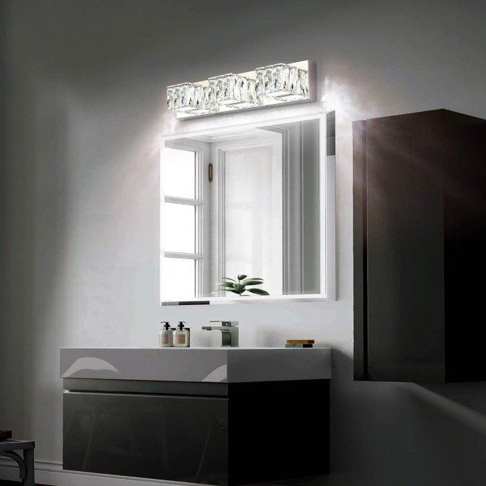 Crystal Bathroom Light Fixtures 3 Lights Chrome Modern LED Dimmable Vanity Lights Over Mirror for Bathroom