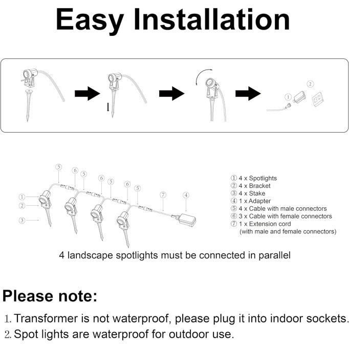 Outdoor Landscape Lighting, 4 Pack Outdoor Spot Lights with Transformer for Yard, Plant, Lawn, Tree, Flags, House, Garden, Fence Use, IP65 Waterproof & Connectable