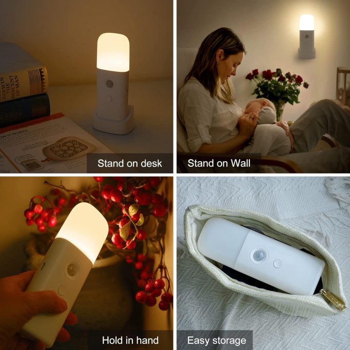 Motion Sensor Night Light Indoor, 2000mAh Battery Operated Lights, Cordless Table Lamps for Kids, 5 Stages Dimmable LED Nursery Night Lights for Bedroom, Bathroom, Hallway