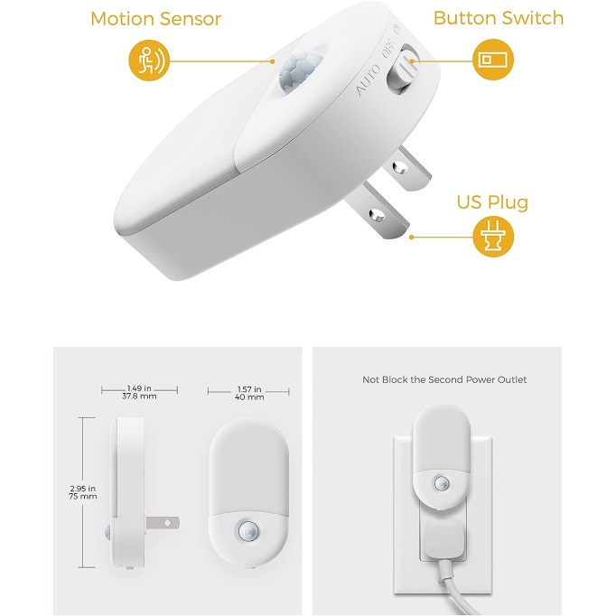 LED Motion Sensor Night Light, 2Pack, Motion Activated Night Light, Night Lights Plug into Wall Motion Sensor, 3000K Warm White, Adjustable Brightness 30/60LM, for Kids Adults Bathroom Bedroom