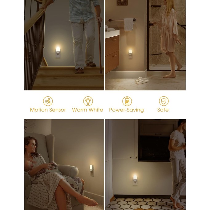 LED Motion Sensor Night Light, 2Pack, Motion Activated Night Light, Night Lights Plug into Wall Motion Sensor, 3000K Warm White, Adjustable Brightness 30/60LM, for Kids Adults Bathroom Bedroom