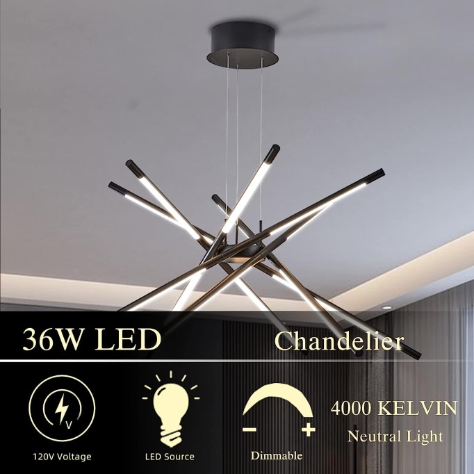 Modern Led Ceiling Light Dimmable Black Chandelier Embedded Installation Fixture,Sputnik Pendant Light Pluggable New Art Lamp for Kitchen,Living Room Decoration Easy to Install(12 Heads)