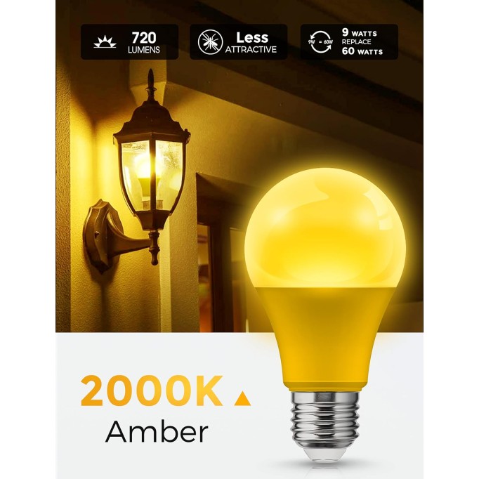 LED Yellow Bug Light Bulbs Outdoor, A19 9W Bug Lights for Outside, 60W Equivalent, 2000K Amber Porch Light Bulb