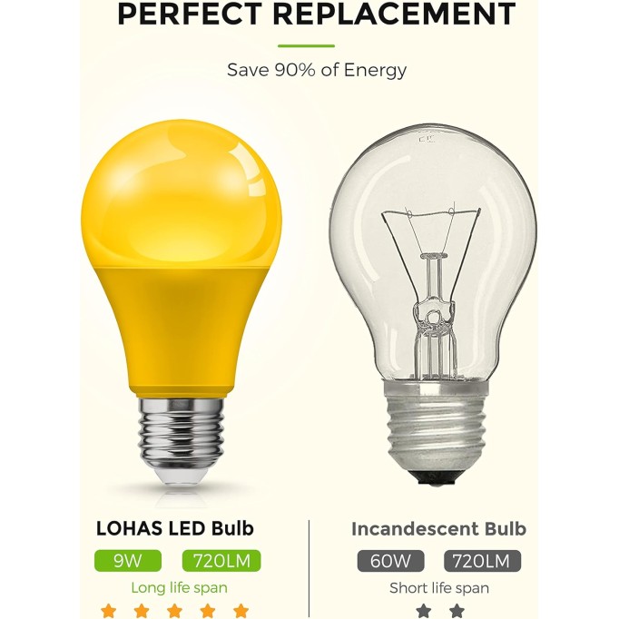 LED Yellow Bug Light Bulbs Outdoor, A19 9W Bug Lights for Outside, 60W Equivalent, 2000K Amber Porch Light Bulb