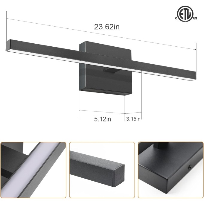 Modern Bathroom Vanity Light 23.6 inch, 14W Dimmable 5CCT Led Bathroom Light Fixture Over Mirror, Black Bar Vanity Light for Bathroom Mirror Cabinets Bedroom-ETL Certificated