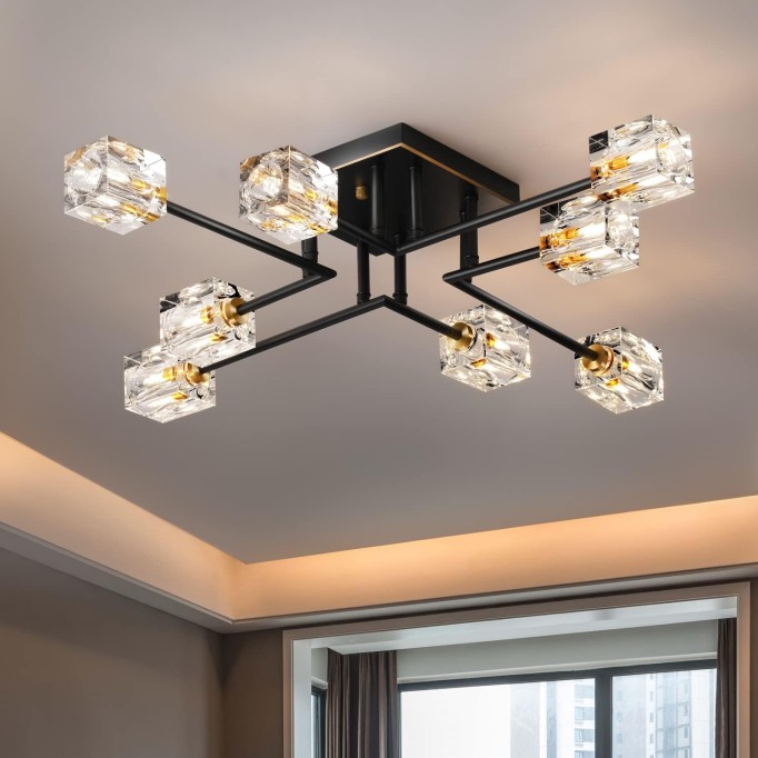 8-Lights Semi Flush Mount Ceiling Light Fixture,Black and Gold Modern Crystal Chandeliers,Farmhouse Lighting Fixtures for Dining Room Living Room Kitchen Bedroom Entryway