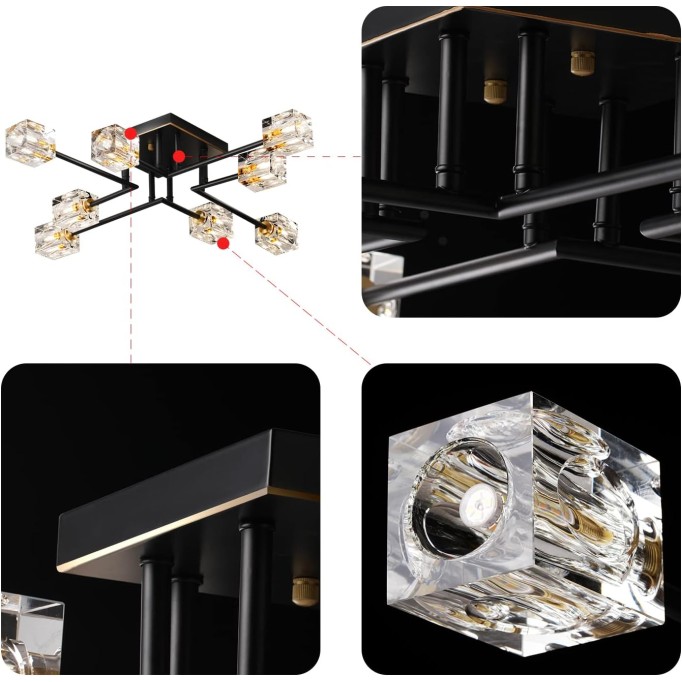 8-Lights Semi Flush Mount Ceiling Light Fixture,Black and Gold Modern Crystal Chandeliers,Farmhouse Lighting Fixtures for Dining Room Living Room Kitchen Bedroom Entryway