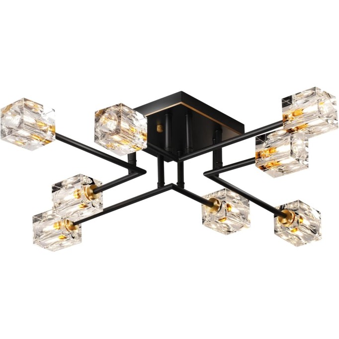 8-Lights Semi Flush Mount Ceiling Light Fixture,Black and Gold Modern Crystal Chandeliers,Farmhouse Lighting Fixtures for Dining Room Living Room Kitchen Bedroom Entryway