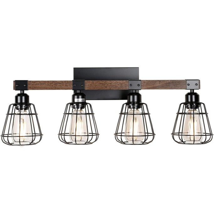 Bathroom Vanity Light Fixture,Rustic 4-Light Wood Wall Light,Industrial Bathroom Lighting Fixture Over Mirror,Modern Matte Black Metal Cage Wall Sconce for Hallway,Kitchen,Bedroom