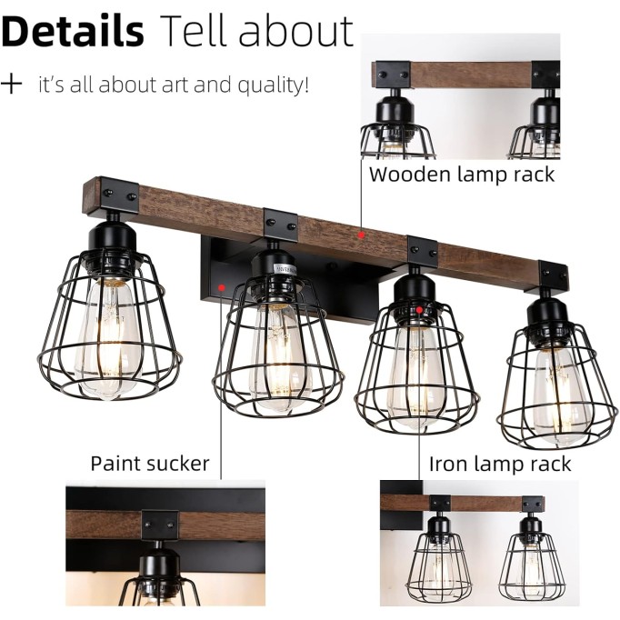 Bathroom Vanity Light Fixture,Rustic 4-Light Wood Wall Light,Industrial Bathroom Lighting Fixture Over Mirror,Modern Matte Black Metal Cage Wall Sconce for Hallway,Kitchen,Bedroom