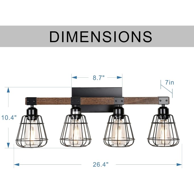 Bathroom Vanity Light Fixture,Rustic 4-Light Wood Wall Light,Industrial Bathroom Lighting Fixture Over Mirror,Modern Matte Black Metal Cage Wall Sconce for Hallway,Kitchen,Bedroom