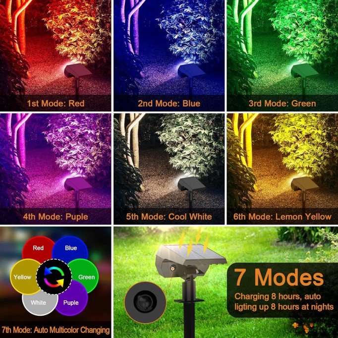 Solar Spot Lights Outdoor Color Changing,[7 Modes/6 Pack] Christmas IP65 Waterproof Landscape Spotlights, Dusk to Dawn Solar Powered Security Light for Patio Gate Walkway Pool Garden Yard Driveway