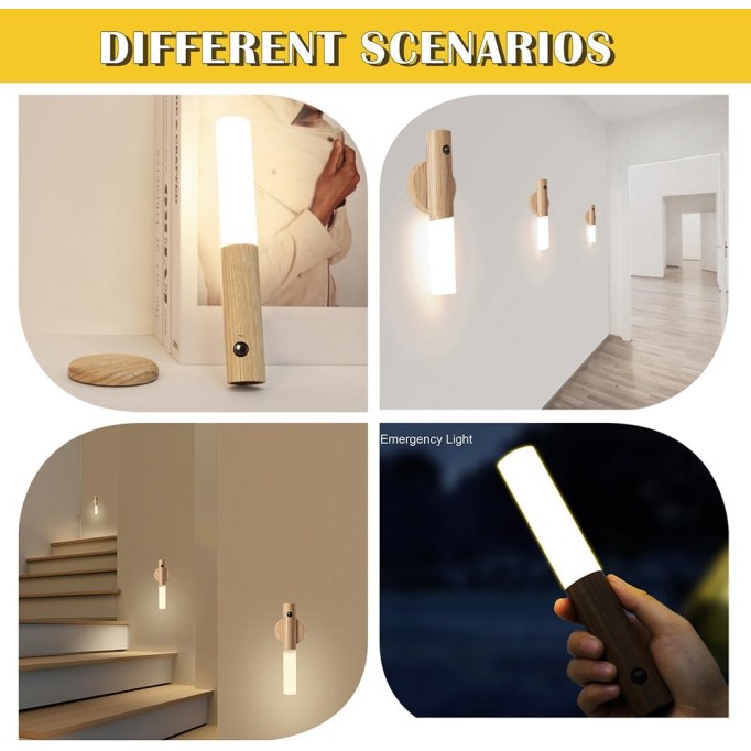 Motion Sensor Night Lights with Magnet Body Sensor for Hallway, Rechargeable Led Light Portable Stairway Lights Wooden Wall Sconce Battery Powered(White Ash, 2PC)