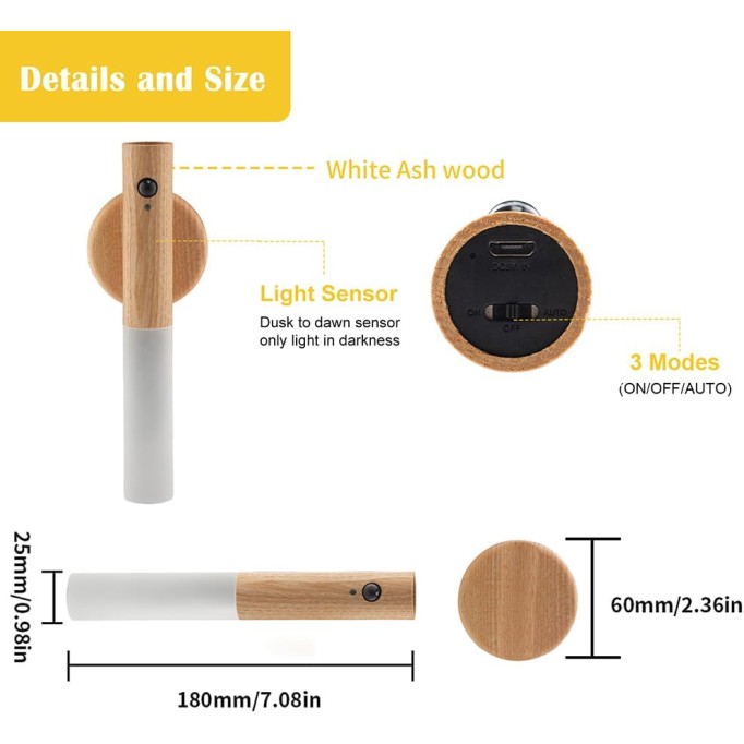 Motion Sensor Night Lights with Magnet Body Sensor for Hallway, Rechargeable Led Light Portable Stairway Lights Wooden Wall Sconce Battery Powered(White Ash, 2PC)