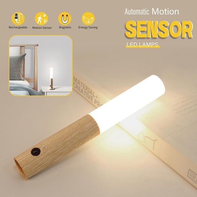 Motion Sensor Night Lights with Magnet Body Sensor for Hallway, Rechargeable Led Light Portable Stairway Lights Wooden Wall Sconce Battery Powered(White Ash, 2PC)