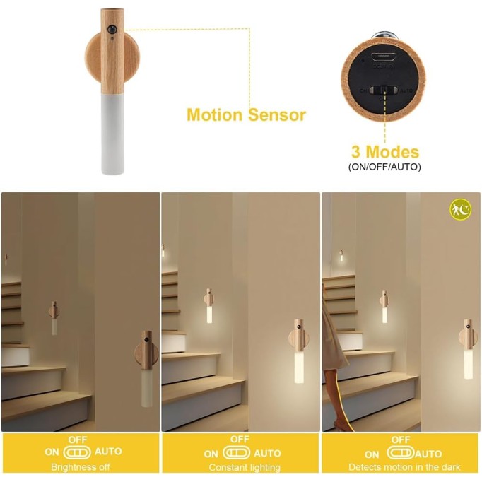 Motion Sensor Night Lights with Magnet Body Sensor for Hallway, Rechargeable Led Light Portable Stairway Lights Wooden Wall Sconce Battery Powered(White Ash, 2PC)