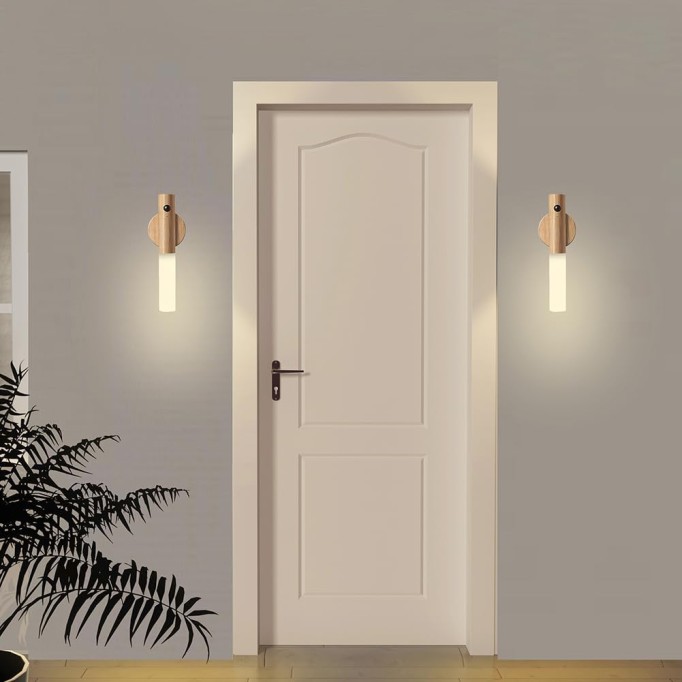 Motion Sensor Night Lights with Magnet Body Sensor for Hallway, Rechargeable Led Light Portable Stairway Lights Wooden Wall Sconce Battery Powered(White Ash, 2PC)