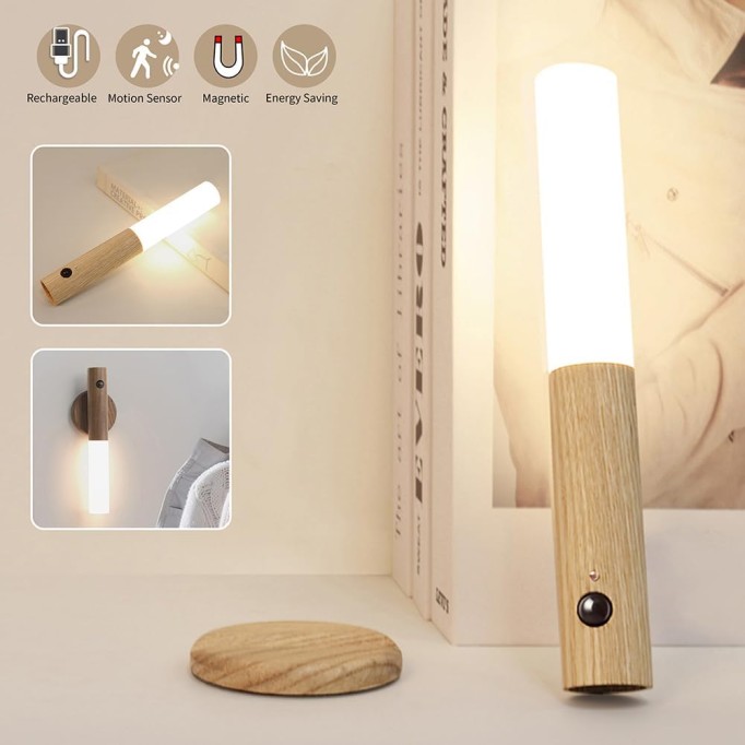 Motion Sensor Night Lights with Magnet Body Sensor for Hallway, Rechargeable Led Light Portable Stairway Lights Wooden Wall Sconce Battery Powered(White Ash, 2PC)