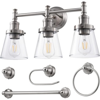 Bathroom Light Fixtures, 5-Piece All-in-One Bathroom Light Set, 3 Light Brushed Nickel Bathroom Vanity Light with Glass Shades, Towel Bar, Towel Ring, Robe Hook, Toilet Paper Holder