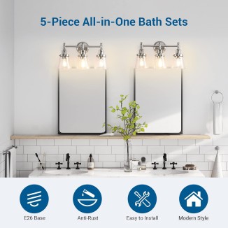 Bathroom Light Fixtures, 5-Piece All-in-One Bathroom Light Set, 3 Light Brushed Nickel Bathroom Vanity Light with Glass Shades, Towel Bar, Towel Ring, Robe Hook, Toilet Paper Holder