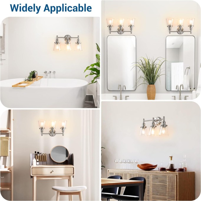 Bathroom Light Fixtures, 5-Piece All-in-One Bathroom Light Set, 3 Light Brushed Nickel Bathroom Vanity Light with Glass Shades, Towel Bar, Towel Ring, Robe Hook, Toilet Paper Holder