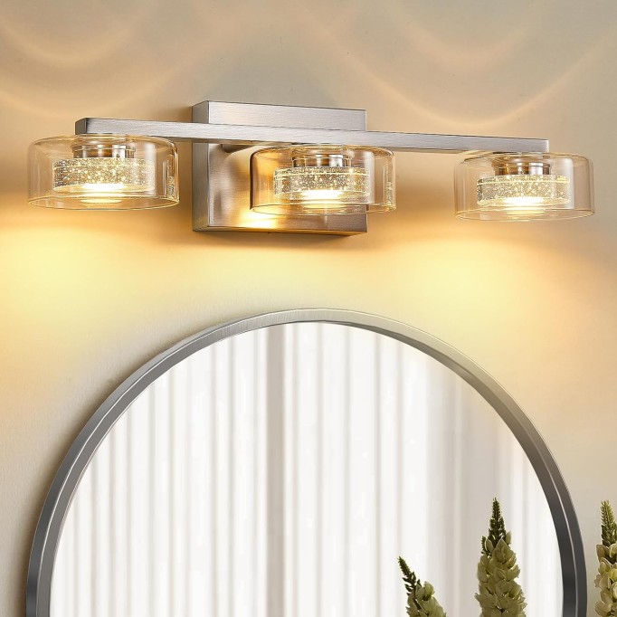 Bathroom Light Fixtures, Dimmable LED 3 Light Bathroom Vanity Light Over Mirror, Modern Crystal Brushed Nickel Vanity Lights with Clear Glass Shade for Bedroom Living Room