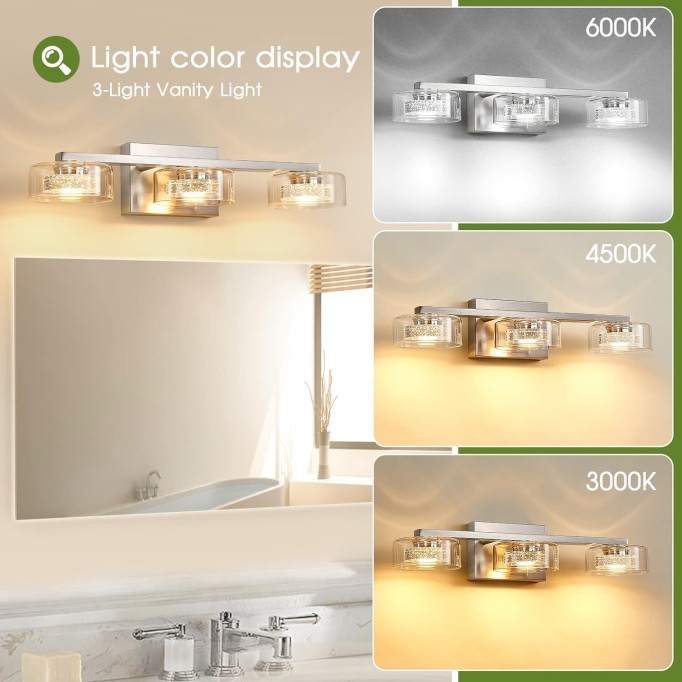 Bathroom Light Fixtures, Dimmable LED 3 Light Bathroom Vanity Light Over Mirror, Modern Crystal Brushed Nickel Vanity Lights with Clear Glass Shade for Bedroom Living Room