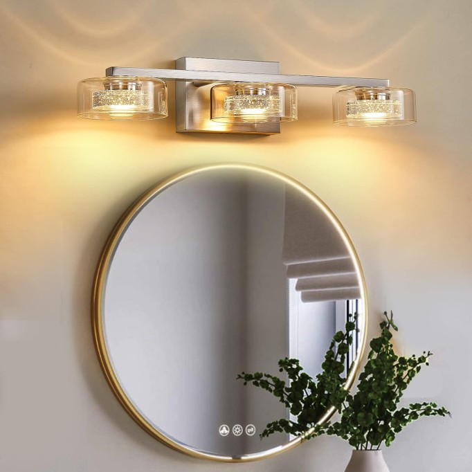 Bathroom Light Fixtures, Dimmable LED 3 Light Bathroom Vanity Light Over Mirror, Modern Crystal Brushed Nickel Vanity Lights with Clear Glass Shade for Bedroom Living Room