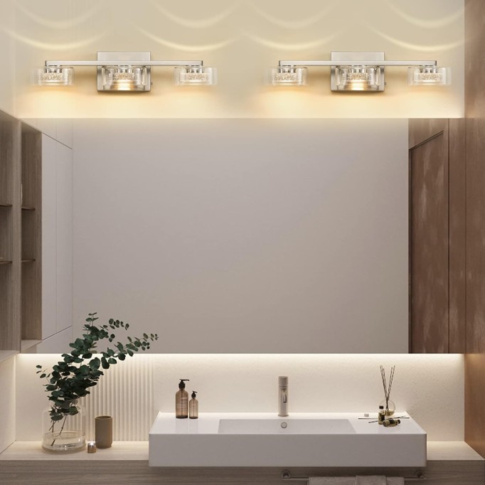 Bathroom Light Fixtures, Dimmable LED 3 Light Bathroom Vanity Light Over Mirror, Modern Crystal Brushed Nickel Vanity Lights with Clear Glass Shade for Bedroom Living Room