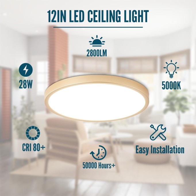 Gold LED Flush Mount Ceiling Light Fixture, 12inch 28W 5000K LED Ceiling Light Set of 6, Ultra Slim Flush Mount LED Ceiling Lamp for Bedroom, Living Room, Dining Room, Kitchen, Hallway