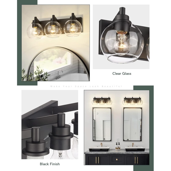 Bathroom Light Fixtures, 3-Light Matte Black Vanity Light, Modern Wall Sconces with Clear Glass Globe Shade, Bathroom Wall Lights for Mirror Kitchen Bedroom Hallway, VL195-MB-3