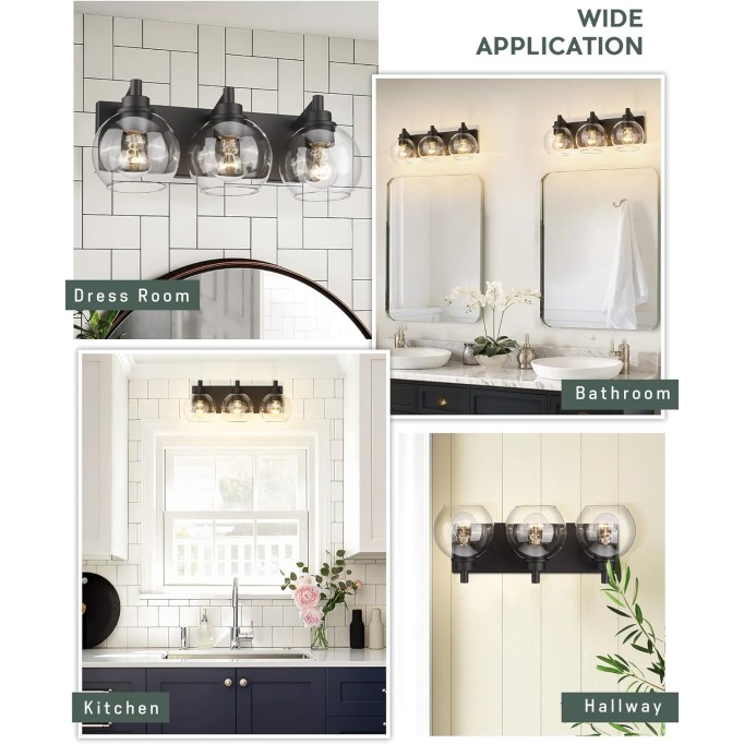 Bathroom Light Fixtures, 3-Light Matte Black Vanity Light, Modern Wall Sconces with Clear Glass Globe Shade, Bathroom Wall Lights for Mirror Kitchen Bedroom Hallway, VL195-MB-3