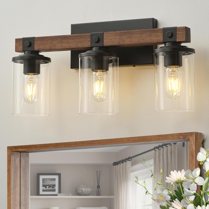 Bathroom Light Fixtures Over Mirror, Black Farmhouse Vanity Light Fixtures Rustic Vintage Wood Bathroom Wall Light Fixtures 3 Light with Clear Glass Shade for Bathroom Bedroom Hallway