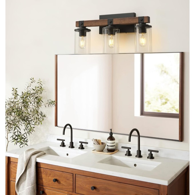 Bathroom Light Fixtures Over Mirror, Black Farmhouse Vanity Light Fixtures Rustic Vintage Wood Bathroom Wall Light Fixtures 3 Light with Clear Glass Shade for Bathroom Bedroom Hallway