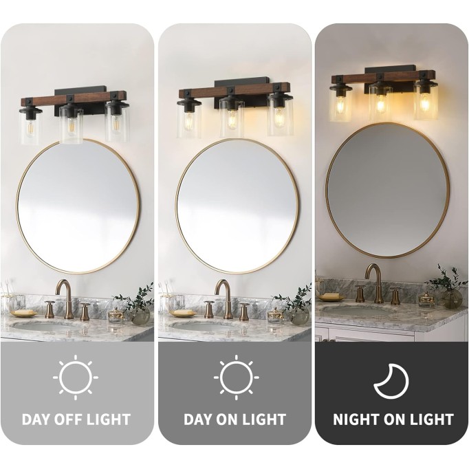 Bathroom Light Fixtures Over Mirror, Black Farmhouse Vanity Light Fixtures Rustic Vintage Wood Bathroom Wall Light Fixtures 3 Light with Clear Glass Shade for Bathroom Bedroom Hallway