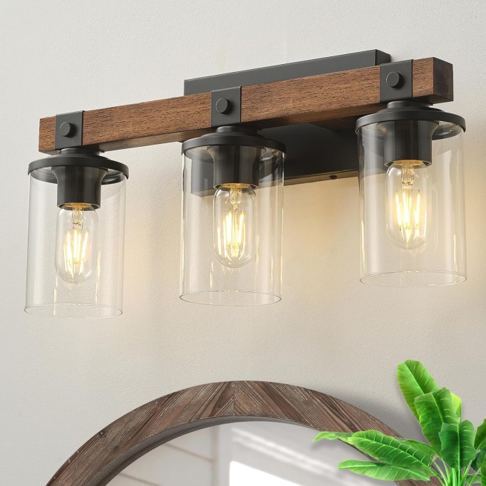 Bathroom Light Fixtures Over Mirror, Black Farmhouse Vanity Light Fixtures Rustic Vintage Wood Bathroom Wall Light Fixtures 3 Light with Clear Glass Shade for Bathroom Bedroom Hallway