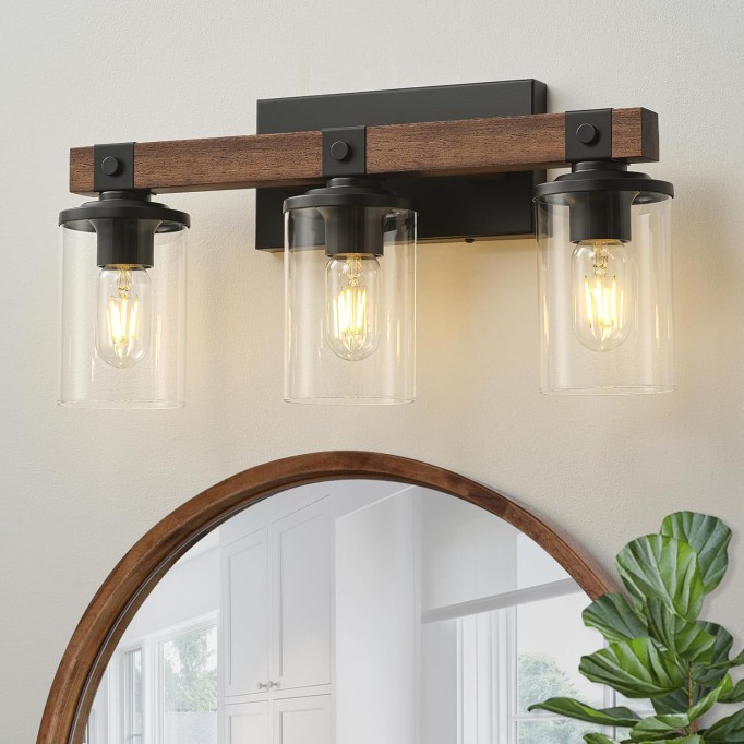 Bathroom Light Fixtures Over Mirror, Black Farmhouse Vanity Light Fixtures Rustic Vintage Wood Bathroom Wall Light Fixtures 3 Light with Clear Glass Shade for Bathroom Bedroom Hallway