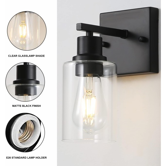 Bathroom Vanity Light Fixtures, 1-Light Matte Black Bathroom Lights, Wall Sconces with Clear Glass Shade for Hallway Farmhouse Bedroom Living Room