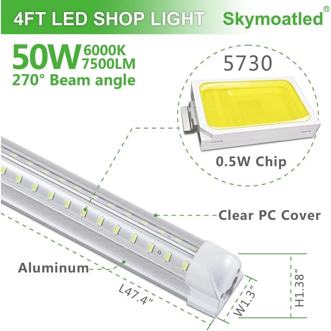 8Pack 4FT LED Shop Light Garage Lights,50W 6000K 7500LM White Light,Hanging/Surface Mount,T8 4FT LED Tube Lights for Warehouse Workshop Basement,Linkable LED Shop Lights,Plug and Play