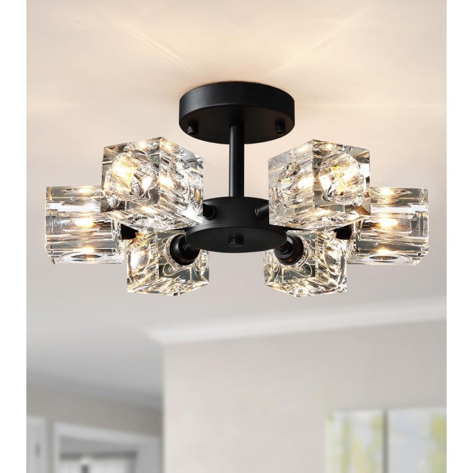 Crystal Semi Flush Mount Ceiling Light, Black Modern Industrial Sputnik Chandelier Light Fixtures for Living Room Hallway Entryway Bedroom Dining Room Kitchen Porch Laundry Room