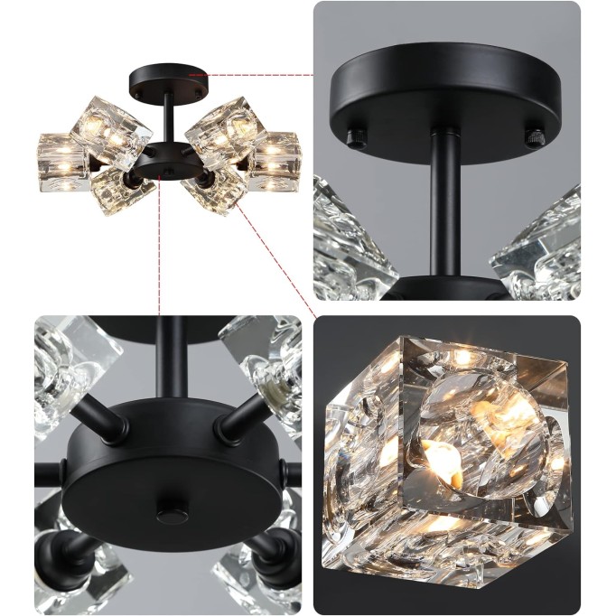 Crystal Semi Flush Mount Ceiling Light, Black Modern Industrial Sputnik Chandelier Light Fixtures for Living Room Hallway Entryway Bedroom Dining Room Kitchen Porch Laundry Room