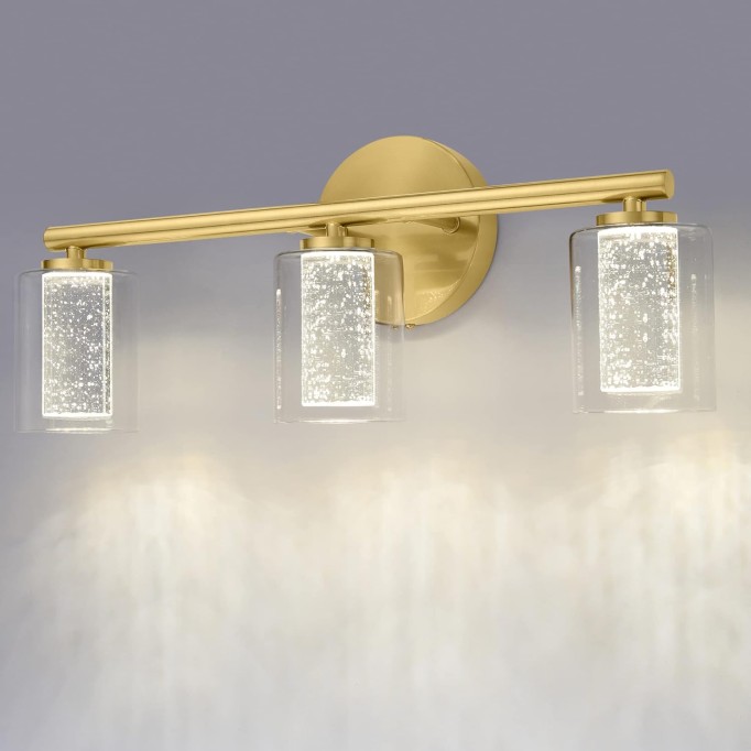 Gold Bathroom Lights,3-Light LED Bathroom Vanity Light,Modern Brushed Gold Vanity Lights with Crystal Bubble and Clear Glass,Mid-Century Brass Wall Sconce Dimmable (3 Color Temperature,21Watts)