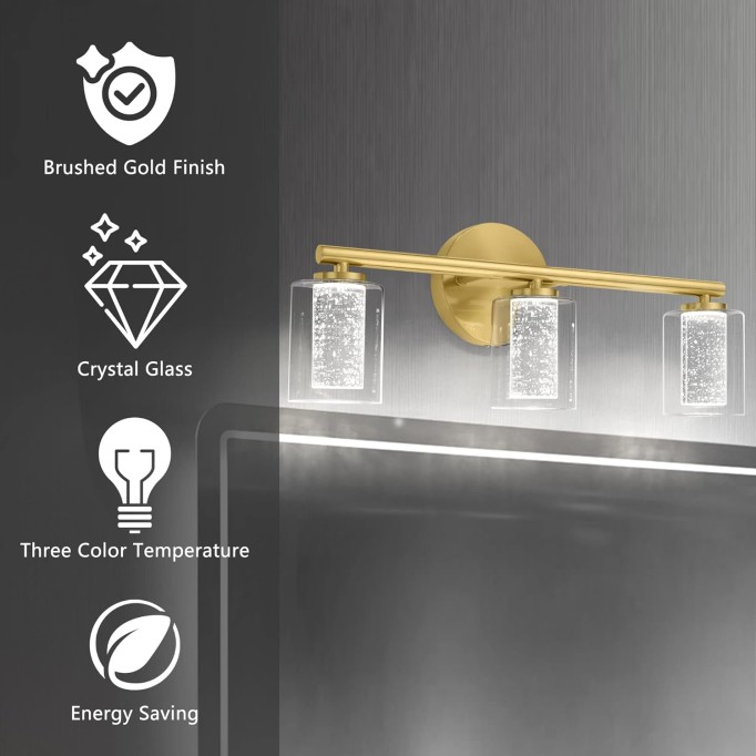 Gold Bathroom Lights,3-Light LED Bathroom Vanity Light,Modern Brushed Gold Vanity Lights with Crystal Bubble and Clear Glass,Mid-Century Brass Wall Sconce Dimmable (3 Color Temperature,21Watts)