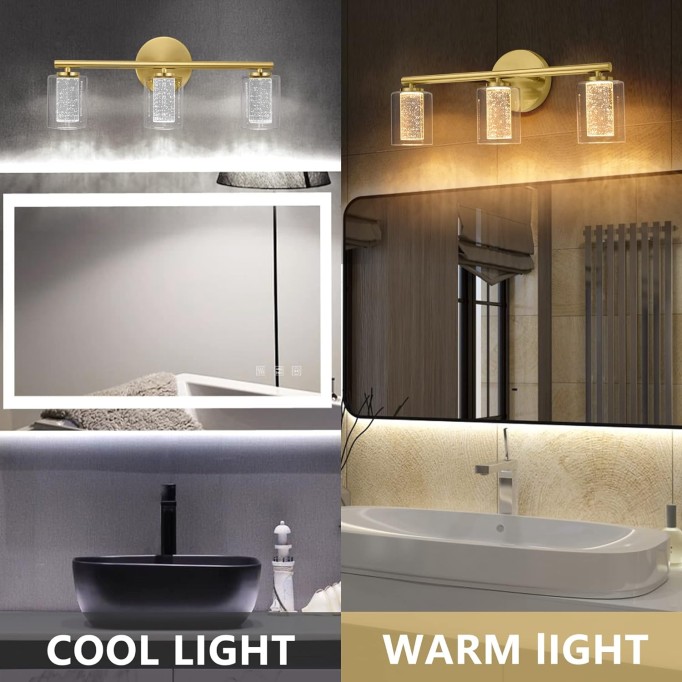 Gold Bathroom Lights,3-Light LED Bathroom Vanity Light,Modern Brushed Gold Vanity Lights with Crystal Bubble and Clear Glass,Mid-Century Brass Wall Sconce Dimmable (3 Color Temperature,21Watts)