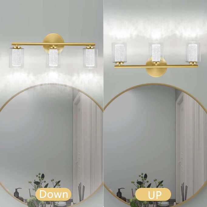 Gold Bathroom Lights,3-Light LED Bathroom Vanity Light,Modern Brushed Gold Vanity Lights with Crystal Bubble and Clear Glass,Mid-Century Brass Wall Sconce Dimmable (3 Color Temperature,21Watts)