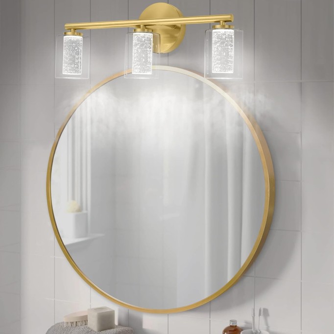 Gold Bathroom Lights,3-Light LED Bathroom Vanity Light,Modern Brushed Gold Vanity Lights with Crystal Bubble and Clear Glass,Mid-Century Brass Wall Sconce Dimmable (3 Color Temperature,21Watts)